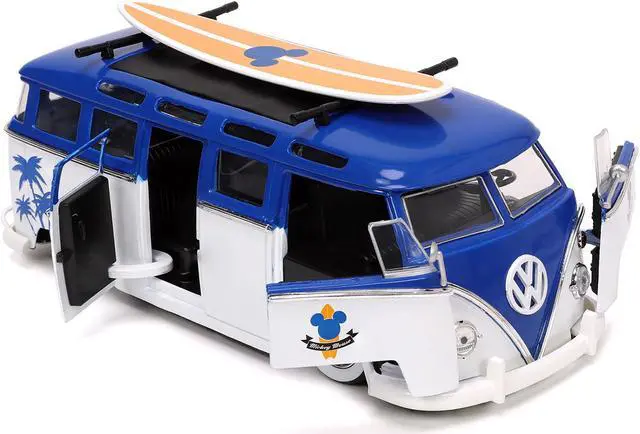 Alt view image 2 of 6 - Volkswagen T1 Bus Blue and White with Graphics and Mickey Mouse Diecast Figure and Surfboard 1/24 Diecast Model Car by Jada
