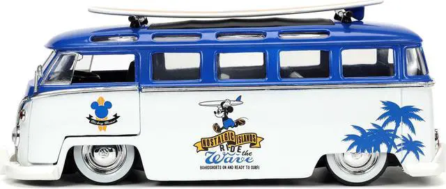 Alt view image 3 of 6 - Volkswagen T1 Bus Blue and White with Graphics and Mickey Mouse Diecast Figure and Surfboard 1/24 Diecast Model Car by Jada