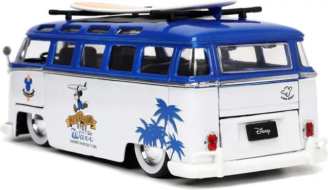 Alt view image 5 of 6 - Volkswagen T1 Bus Blue and White with Graphics and Mickey Mouse Diecast Figure and Surfboard 1/24 Diecast Model Car by Jada