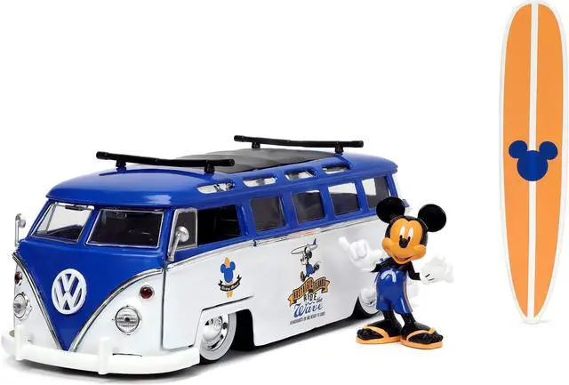 Alt view image 6 of 6 - Volkswagen T1 Bus Blue and White with Graphics and Mickey Mouse Diecast Figure and Surfboard 1/24 Diecast Model Car by Jada