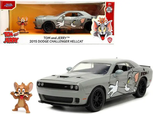 Main image of 2015 Dodge Challenger Hellcat Gray with "Tom" Graphics and Jerry Diecast Figure "Tom and Jerry" 1/24 Diecast Model Car by Jada