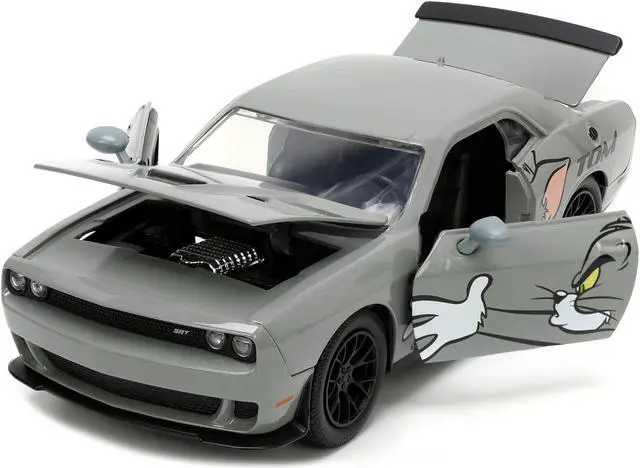 Alt view image 2 of 6 - 2015 Dodge Challenger Hellcat Gray with "Tom" Graphics and Jerry Diecast Figure "Tom and Jerry" 1/24 Diecast Model Car by Jada