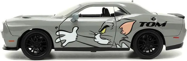 Alt view image 3 of 6 - 2015 Dodge Challenger Hellcat Gray with "Tom" Graphics and Jerry Diecast Figure "Tom and Jerry" 1/24 Diecast Model Car by Jada