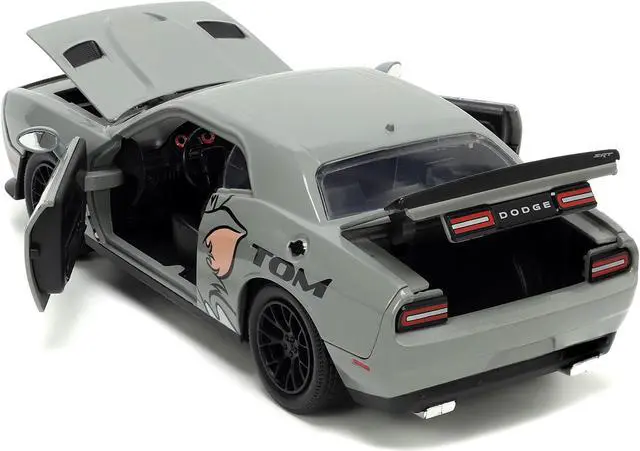 Alt view image 4 of 6 - 2015 Dodge Challenger Hellcat Gray with "Tom" Graphics and Jerry Diecast Figure "Tom and Jerry" 1/24 Diecast Model Car by Jada