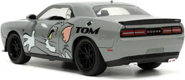 Alt view image 5 of 6 - 2015 Dodge Challenger Hellcat Gray with "Tom" Graphics and Jerry Diecast Figure "Tom and Jerry" 1/24 Diecast Model Car by Jada