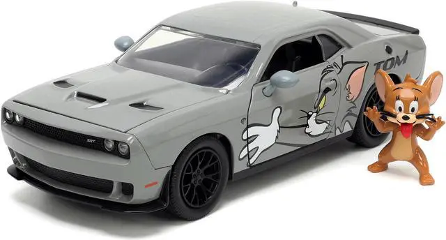 Alt view image 6 of 6 - 2015 Dodge Challenger Hellcat Gray with "Tom" Graphics and Jerry Diecast Figure "Tom and Jerry" 1/24 Diecast Model Car by Jada