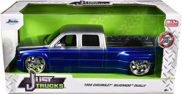 Alt view image 3 of 6 - 1999 Chevrolet Silverado Dually Truck Blue Met & Silver w/Custom KMC Wheels "Just Trucks" Series 1/24 Die Cast Model Car by Jada
