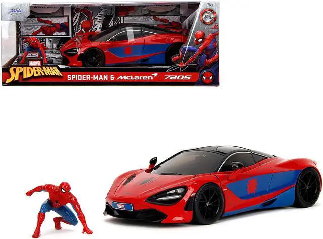 Main image of McLaren 720S Red and Blue with Black Top and Graphics and Figure "Marvel Spider-Man" "Hollywood Rides" Series 1/24 Diecast Model Car by Jada