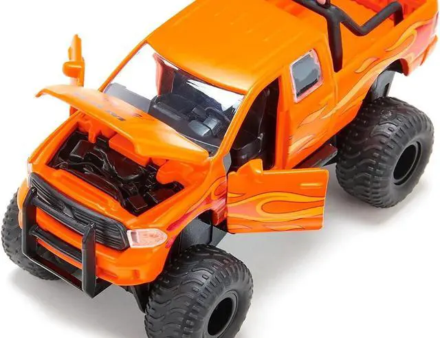 Alt view image 2 of 5 - Ram 1500 Pickup Truck Lifted with Balloon Tires Orange with Flames 1/50 Diecast Model by Siku