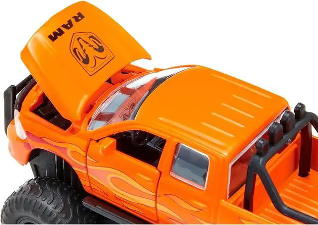 Alt view image 3 of 5 - Ram 1500 Pickup Truck Lifted with Balloon Tires Orange with Flames 1/50 Diecast Model by Siku