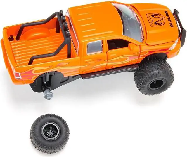 Alt view image 4 of 5 - Ram 1500 Pickup Truck Lifted with Balloon Tires Orange with Flames 1/50 Diecast Model by Siku