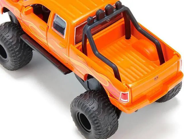 Alt view image 5 of 5 - Ram 1500 Pickup Truck Lifted with Balloon Tires Orange with Flames 1/50 Diecast Model by Siku