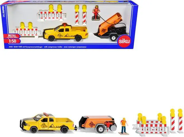 Main image of Ram 1500 Pickup Truck Yellow with Compressor Trailer and Worker Figure with Accessories Set 1/50 Diecast Models by Siku