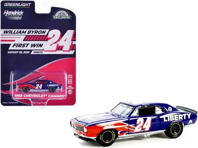 Main image of 1969 Chevrolet Camaro #24 "William Byron" Blue with Flame Graphics "Hobby Exclusive" Series 1/64 Diecast Model Car by Greenlight