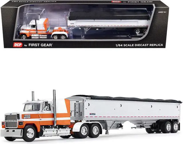 Main image of Ford LTL 9000 60" Aerodyne Sleeper with Wilson Pacesetter Grain Trailer Orange and White 1/64 Diecast Model by DCP/First Gear