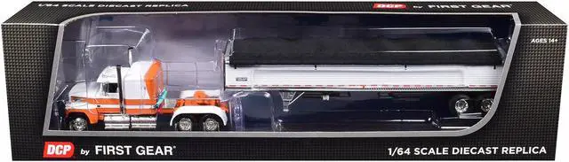 Alt view image 3 of 3 - Ford LTL 9000 60" Aerodyne Sleeper with Wilson Pacesetter Grain Trailer Orange and White 1/64 Diecast Model by DCP/First Gear