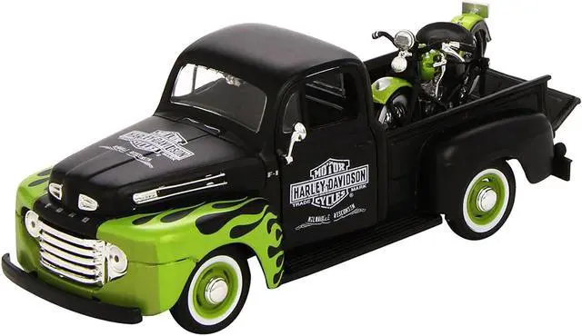 Alt view image 2 of 3 - 1948 Ford F-1 Pickup Truck Harley Davidson & 1948 Harley Davidson FL Panhead Motorcycle Black & Green 1/24 Diecast Models Maisto