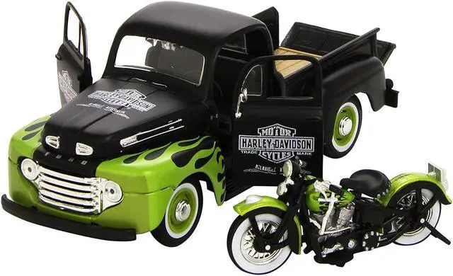 Alt view image 3 of 3 - 1948 Ford F-1 Pickup Truck Harley Davidson & 1948 Harley Davidson FL Panhead Motorcycle Black & Green 1/24 Diecast Models Maisto