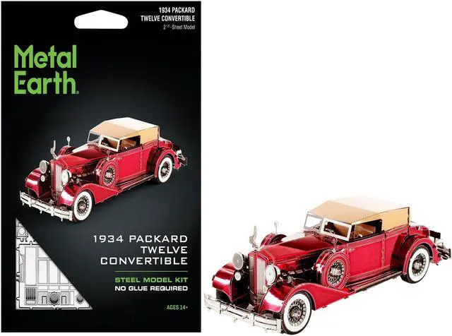 Main image of Model Kit 1934 Packard Twelve Convertible Red with Tan Soft Top (Moderate Difficulty) Steel Model by Metal Earth