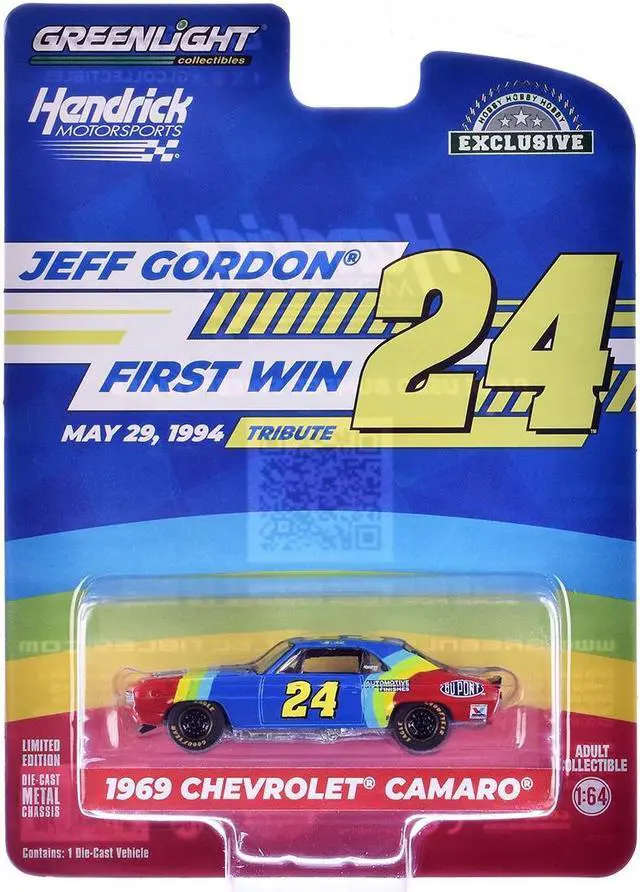 Main image of 1969 Chevrolet Camaro #24 "Hendrick Motorsports First Win Tribute" Blue & Red with Stripes 1/64 Diecast Model Car by Greenlight