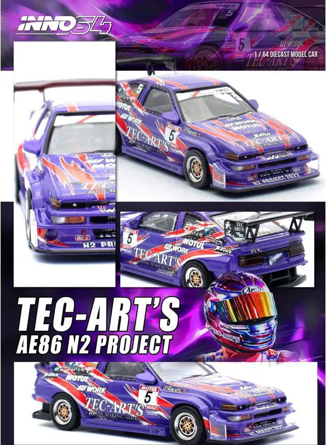 Alt view image 2 of 4 - Toyota Sprinter Trueno (AE86) RHD #5 "N2 Project by TEC-ART's" Purple Metallic w/Graphics 1/64 Diecast Model Car by Inno Models