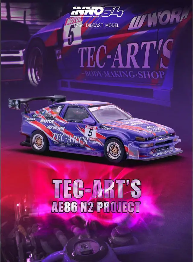 Alt view image 4 of 4 - Toyota Sprinter Trueno (AE86) RHD #5 "N2 Project by TEC-ART's" Purple Metallic w/Graphics 1/64 Diecast Model Car by Inno Models