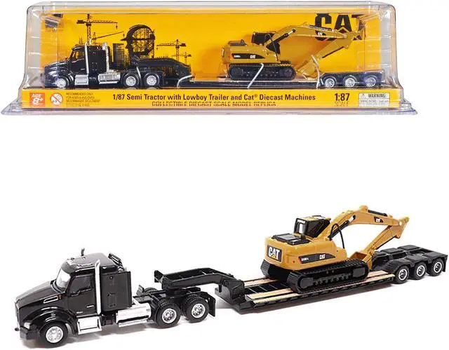 Main image of Kenworth T880 SBFS Sleeper Tandem Tractor Black w/Trailer & CAT 320D L Hydraulic Excavator 1/87 Diecast Model by Diecast Masters