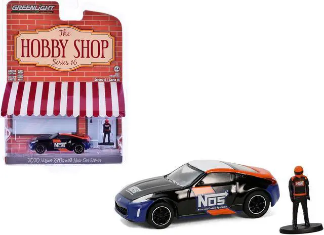 Main image of 2020 Nissan 370z "NOS Nitrous Oxide Systems" Black with Graphics and Race Car Driver 1/64 Diecast Model Car by Greenlight