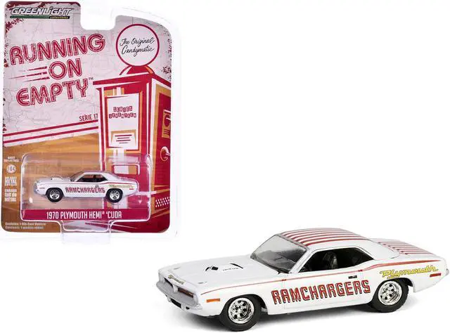 Main image of 1970 Plymouth Hemi Barracuda "Ramchargers" White with Red "Running on Empty" Series 17 1/64 Diecast Model Car by Greenlight
