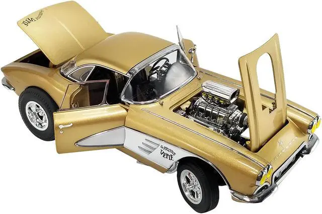 Main image of 1961 Chevrolet Corvette Gasser "Rat Fink's The Fugitive Vette" Gold Metallic Limited Edition 1/18 Diecast Model Car by ACME