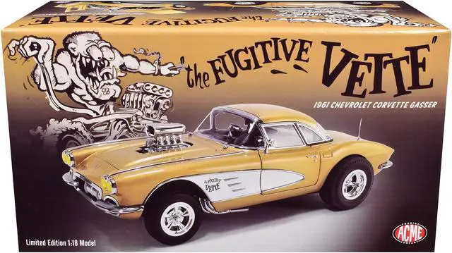 Alt view image 3 of 3 - 1961 Chevrolet Corvette Gasser "Rat Fink's The Fugitive Vette" Gold Metallic Limited Edition 1/18 Diecast Model Car by ACME