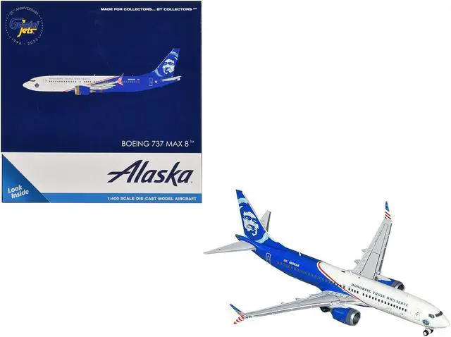 Main image of Boeing 737 MAX 8 Commercial Aircraft "Alaska Airlines - Honoring Those Who Serve" White & Blue 1/400 Diecast Model by GeminiJets