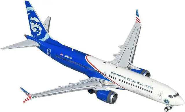 Alt view image 2 of 6 - Boeing 737 MAX 8 Commercial Aircraft "Alaska Airlines - Honoring Those Who Serve" White & Blue 1/400 Diecast Model by GeminiJets