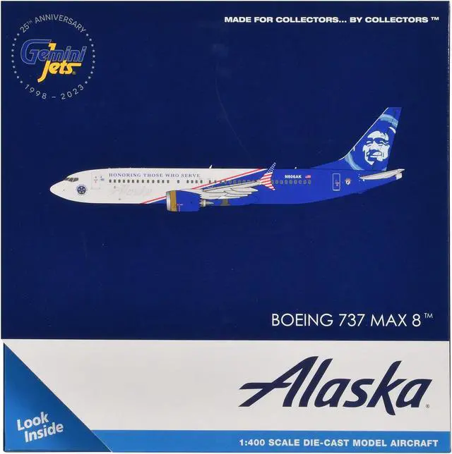 Alt view image 3 of 6 - Boeing 737 MAX 8 Commercial Aircraft "Alaska Airlines - Honoring Those Who Serve" White & Blue 1/400 Diecast Model by GeminiJets