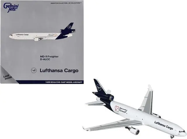 Main image of McDonnell Douglas MD-11F Commercial Aircraft "Lufthansa Cargo" White with Dark Blue 1/400 Diecast Model by GeminiJets