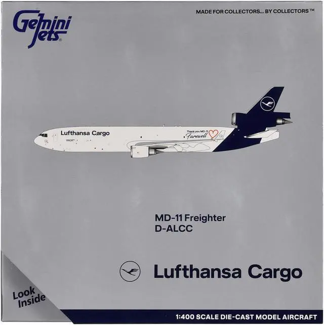 Alt view image 3 of 6 - McDonnell Douglas MD-11F Commercial Aircraft "Lufthansa Cargo" White with Dark Blue 1/400 Diecast Model by GeminiJets