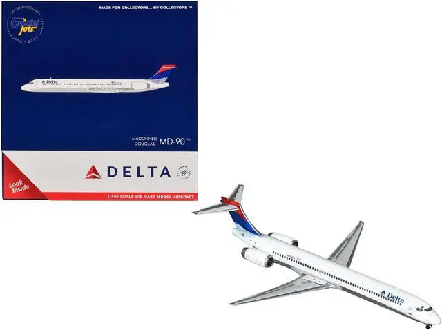 Main image of McDonnell Douglas MD-90 Commercial Aircraft "Delta Air Lines" White with Blue and Red Tail 1/400 Diecast Model by GeminiJets