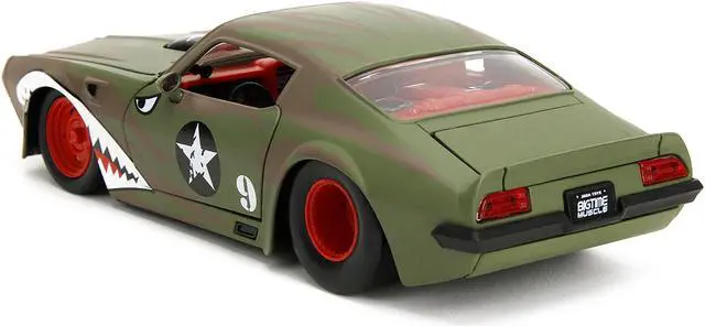 Alt view image 5 of 11 - 1972 Pontiac Firebird #9 Green Camouflage Flames with Graphics and Red Interior "Bigtime Muscle" 1/24 Diecast Model Car by Jada