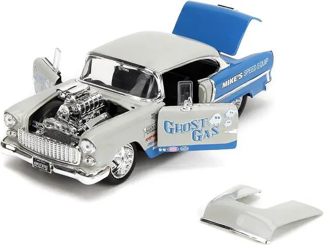 Alt view image 2 of 11 - 1955 Chevrolet Bel Air "Ghost Gas - Mike's Speed Equip" Light Gray & Blue "Bigtime Muscle" Series 1/24 Diecast Model Car by Jada