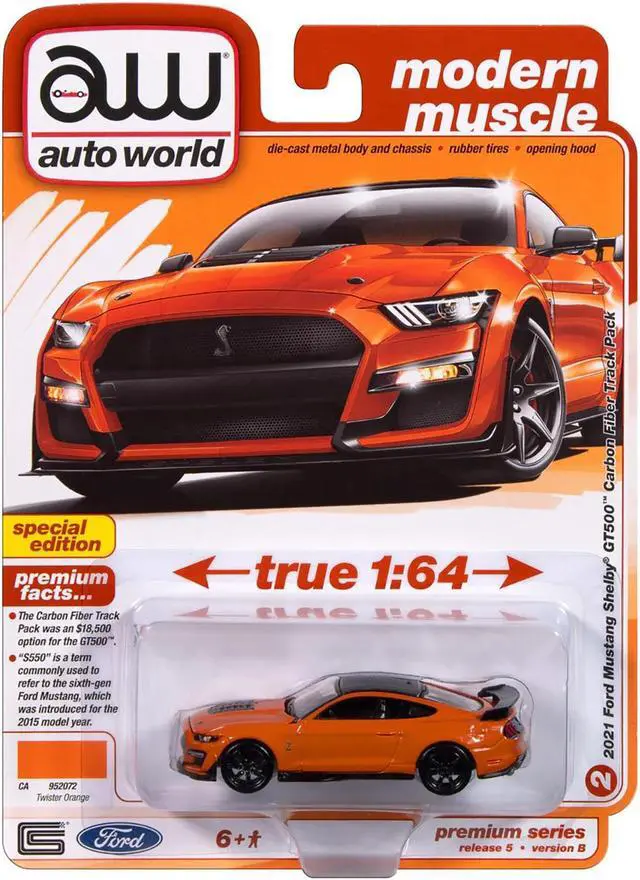 Alt view image 3 of 3 - 2021 Ford Mustang Shelby GT500 Carbon Fiber Track Pack Twister Orange with Black Top 1/64 Diecast Model Car by Auto World