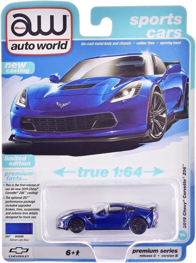 Alt view image 4 of 4 - 2019 Chevrolet Corvette Z06 Elkhart Lake Blue Metallic "Sports Cars" Series 1/64 Diecast Model Car by Auto World