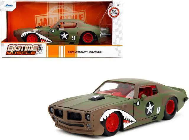 Main image of 1972 Pontiac Firebird #9 Green Camouflage Flames with Graphics and Red Interior "Bigtime Muscle" 1/24 Diecast Model Car by Jada