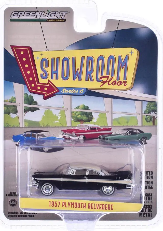 Main image of 1957 Plymouth Belvedere Jet Black w/Sand Dune White Top & Stripes "Showroom Floor" Series 6 1/64 Diecast Model Car by Greenlight
