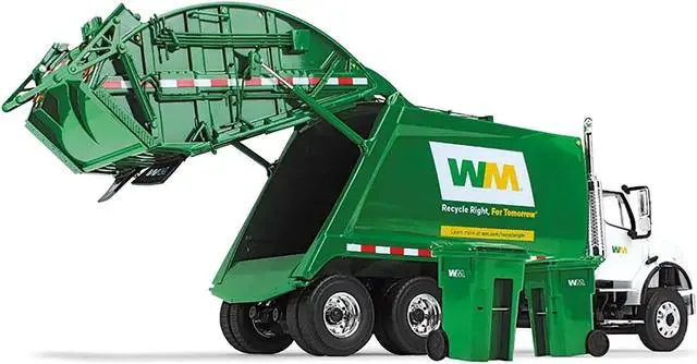 Alt view image 4 of 5 - Freightliner M-2 with McNeilus Rear Loader Garbage Truck "Waste Management" with Garbage Bins 1/34 Diecast Model by First Gear