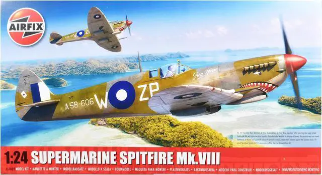 Main image of Level 4 Supermarine Spitfire Mk.VIII Fighter Aircraft with 3 Scheme Options 1/24 Plastic Model Kit by Airfix