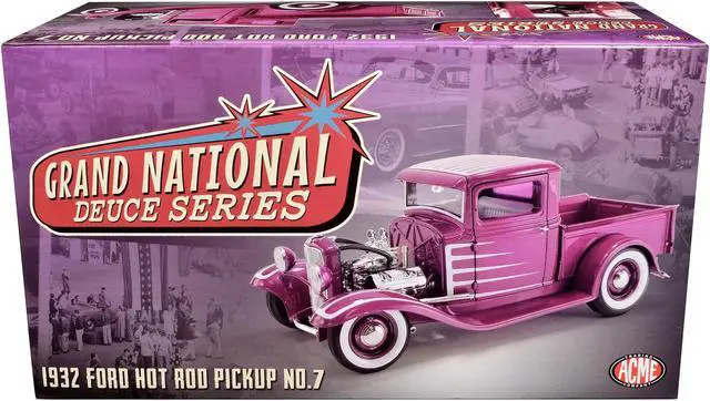 Main image of 1932 Ford Hot Rod Pickup Truck "Grand National Deuce Series #7" Cotton Candy Pink Met w/Graphics 1/18 Diecast Model Car by ACME