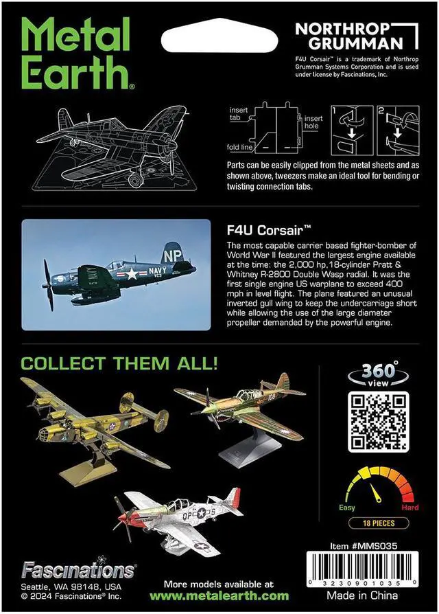 Alt view image 4 of 6 - Model Kit Vought F4U Corsair Fighter Aircraft "United States Navy" (Moderate Difficulty) Steel Model by Metal Earth