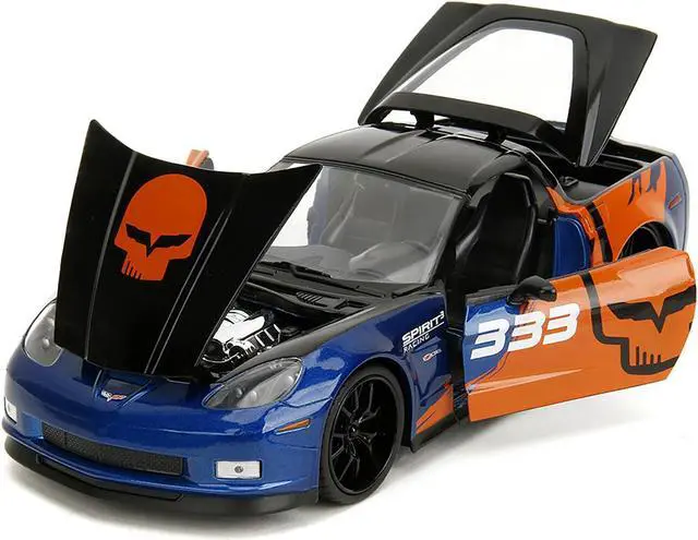 Alt view image 2 of 11 - 2006 Chevrolet Corvette Z06 #333 "Spirit Racing" Blue Metallic and Orange with Black Hood and Top 1/24 Diecast Model Car by Jada