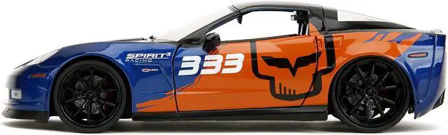 Alt view image 3 of 11 - 2006 Chevrolet Corvette Z06 #333 "Spirit Racing" Blue Metallic and Orange with Black Hood and Top 1/24 Diecast Model Car by Jada