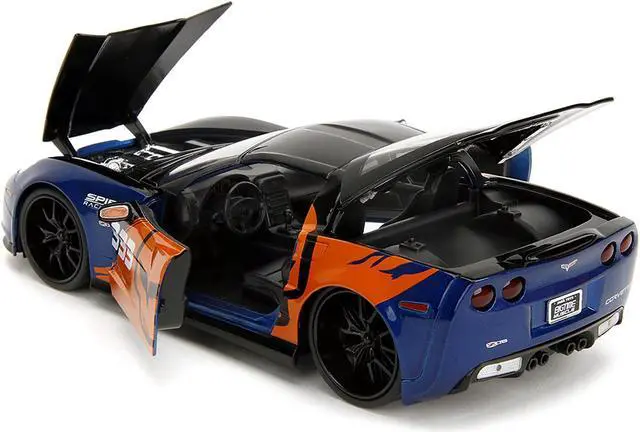 Alt view image 4 of 11 - 2006 Chevrolet Corvette Z06 #333 "Spirit Racing" Blue Metallic and Orange with Black Hood and Top 1/24 Diecast Model Car by Jada